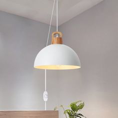 a white lamp hanging over a wooden table next to a potted plant on top of a desk