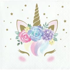 a paper napkin with an unicorn's head and flowers on it