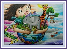 a painting of a girl holding an elephant and giraffe in front of a world environment day banner