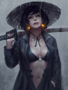 a woman with an umbrella on top of her head holding a baseball bat in the rain