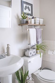 a white toilet sitting next to a sink in a bathroom under a framed picture on the wall