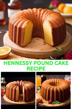 a collage of photos showing how to make a pound cake with oranges and raspberries