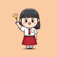 a girl in a school uniform holding a lightbulb and pointing to the side