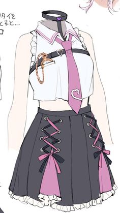 a drawing of a woman wearing a skirt and shirt with pink ribbon around the waist