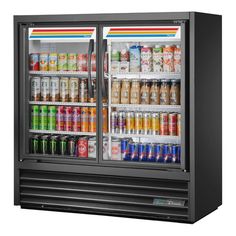 an open refrigerator filled with lots of drinks and sodas on the shelves, all in black