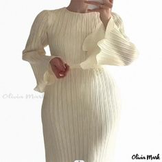 Olivia Mark - Elegant Long-Sleeve Dress for Leisurely Evenings Solid Maxi Dress, Grey Long Sleeve Dress, Flare Sleeve Dress, Loose Maxi Dress, Pleated Maxi Dress, Striped Maxi Dresses, Ruffled Maxi Dress, Midi Dress With Sleeves, Mid Length Dresses