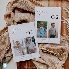 two cards with pictures of children on them next to a pair of scissors and yarn