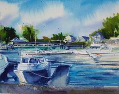 watercolor painting of boats docked in a harbor