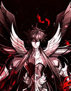 an anime character with white hair and red wings, standing in front of a dark background