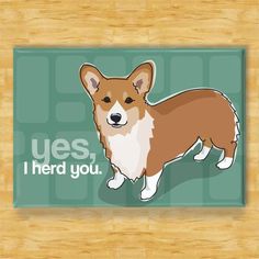 a sticker that says yes, i herd you with a brown and white dog on it