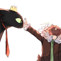 a man in a suit and tie is kissing a black dragon with green glowing eyes