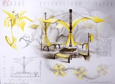 an architectural drawing with yellow and white details on it's side, in the foreground is a chair that appears to have been made from paper