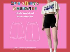 a woman wearing shorts and a crop top with the words, high waisted bike shorts