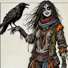 a drawing of a woman with dreadlocks holding a crow