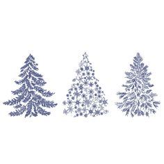 three blue and white christmas trees on a white background