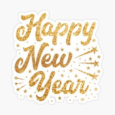 a happy new year sticker with gold glitter