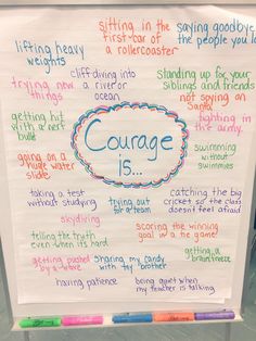 a white board with writing on it that says, courage is sitting in the spring garden