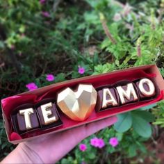 someone is holding a chocolate box with the word te amo in it