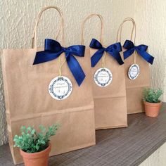 three brown paper bags with blue bows on them sitting on a shelf next to a potted plant