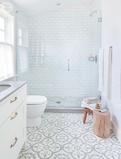 a bathroom with a white toilet sitting next to a walk in shower and a wooden stool