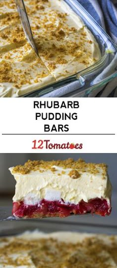 two different views of rhubarb pudding bars