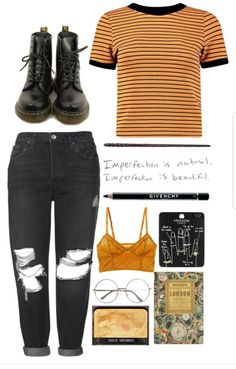 Stomp the yard and shine Hufflepuff Outfit, Indie Outfits, Mode Inspo, Outfits Casual, Inspiration Mode, Mode Inspiration, Audrey Hepburn, Polyvore Outfits, Grunge Fashion