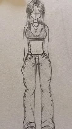 a drawing of a girl in overalls with her hands on her hips and looking down