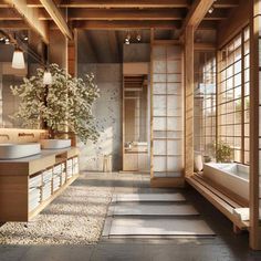 a large bathroom with wooden walls and flooring next to a bathtub filled with flowers