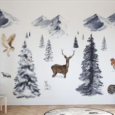 this is an image of a wall with animals and trees on it