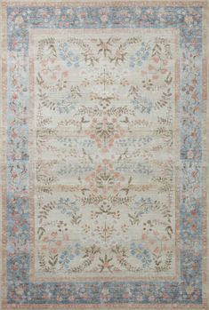 an antique rug with floral design on the bottom and blue, pink, orange and white colors