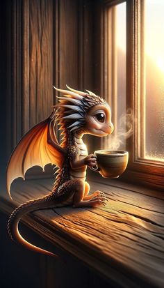 a small dragon sitting on top of a wooden table next to a window drinking from a cup