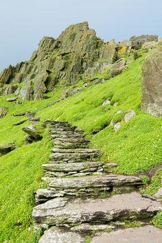 a stone path leading up to the top of a mountain with green grass and rocks