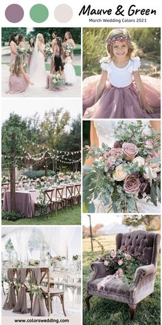 the color scheme for this wedding is purple and green, with pink flowers on it