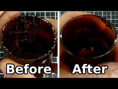 before and after pictures of a glass being filled with liquid, the bottom is brown