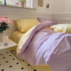 Pastel Pillowcase With Ties Bedding Set - Bedding Purple And Yellow Bedding, Yellow Duvet Cover Bedroom, Periwinkle Bedding, Yellow And Purple Room, Pastel Bed Sheets, Pastel Yellow Bedroom Ideas, Bed Duvet Covers Ideas, Blue And Pink Bedding, Pink And Yellow Room