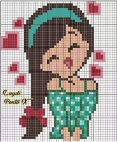 a cross stitch pattern of a girl with long hair wearing a green dress and holding a red bow