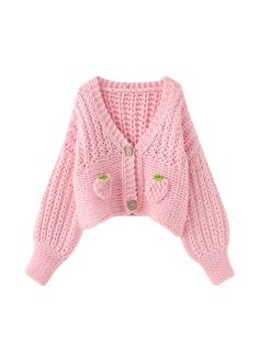 Stay warm and stylish this winter with our Shira Strawberry Knit Cardigan in Pink! This chunky knit cardigan features adorable strawberry pocket details and a relaxed, cropped fit. Stand out with the large button closure and easily layer it over your outfits for a cozy and cute look. Part of our Good Girl Things Winter Collection. Details: Shira Strawberry Knit Cardigan in Pink Color: Pink with strawberry pocket details Chunky knit for warmth and style Cropped length with a relaxed fit Large but Cozy Pink Sweater With Pockets, Trendy Pink Cardigan With Pockets, Cute Soft Knit Fall Outerwear, Cute Soft Knit Outerwear For Fall, Pink Chunky Knit Cropped Sweater For Fall, Cute Buttoned Cardigan For Fall, Cute Cardigan With Buttons For Fall, Cute Chunky Knit Sweater For Spring, Trendy Pink Cable Knit Outerwear