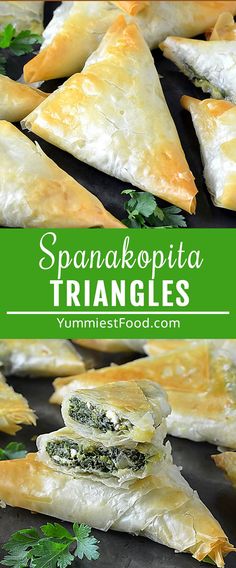 spinach and cheese triangles on a baking sheet with the words spanakopita triangles