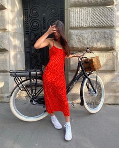 5 French-Girl Summer Dress Outfits to Try This Season | Who What Wear Classic Red Dress, Pretty Red Dress, Dress And Sneakers Outfit, Trainers Outfit, French Women Style, Parisienne Chic, Bold Dresses