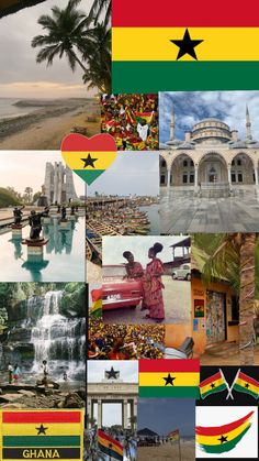 many different pictures are shown together in this collage with the flag of africa and other countries