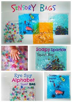 four different pictures of soapy sprinkles and handprinted images in plastic bags