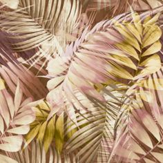 a close up view of some leaves on a wallpaper pattern with pink and yellow colors