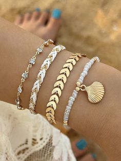 21255-A  Collar     Embellished Beaded Bracelet Set, Beach Jwellery, Birthday Wishlist Clothes, Birthday Wishlist Aesthetic, Cute Jewelry Ideas, Gold Beach Jewelry, Bracelets Aesthetic, Surfergirl Style, Shein Jewelry