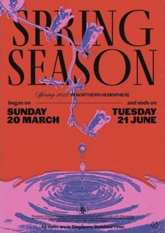 the poster for spring season is shown in pink and purple