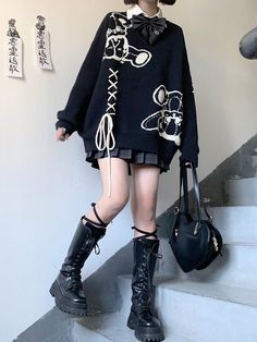 ❤︎ Drop shoulder lace -up beanid sweater❤︎FreeSize Pastel Goth Fashion, Clothing Design Sketches, Dark Outfits, Streetwear Fashion Women, Goth Fashion, Grunge Outfits, Black Sweaters, Drop Shoulder, Aesthetic Clothes