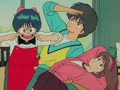 an anime scene with two people in the background and one person laying on the floor