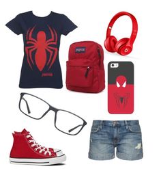 "spiderman" by gvkporter on Polyvore featuring Current/Elliott, Beats by Dr. Dre, JanSport, Converse, GlassesUSA, Casetify, women's clothing, women's fashion, women and female Spiderman Outfit Women, Superhero Clothes, Villain Quotes, Super Hero Outfits, Coquette Style, Spider Girl