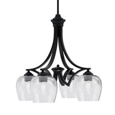 three light chandelier with frosted glass shades on the bottom and black metal frame