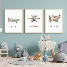 three framed pictures on the wall of a child's room with teddy bears and toys