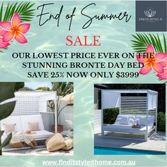 an advertisement for a bed and furniture sale with tropical flowers on the side, next to a swimming pool